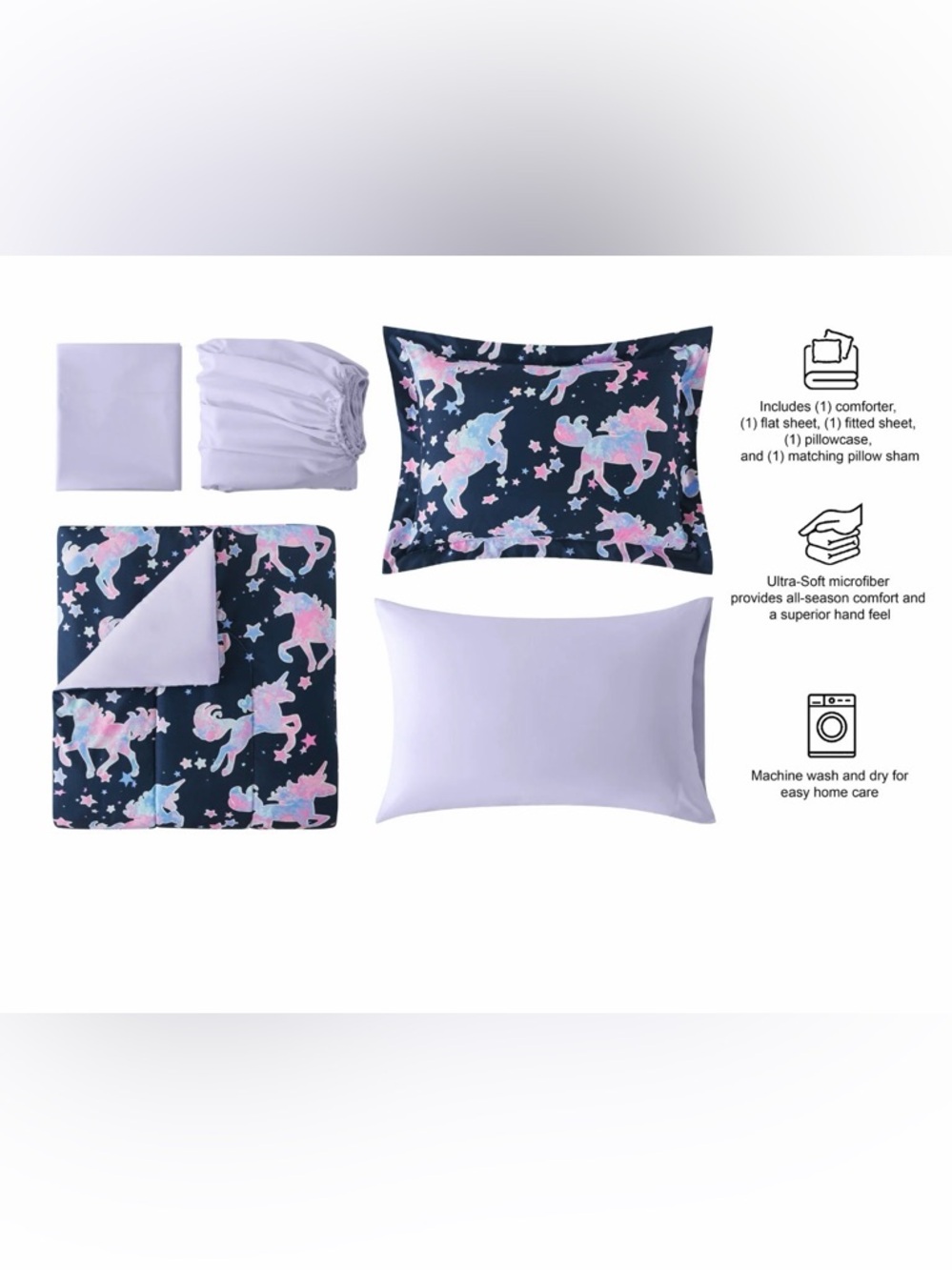 Unbranded Girls' Navy Unicorn Comforter Set with Light Purple Sheets